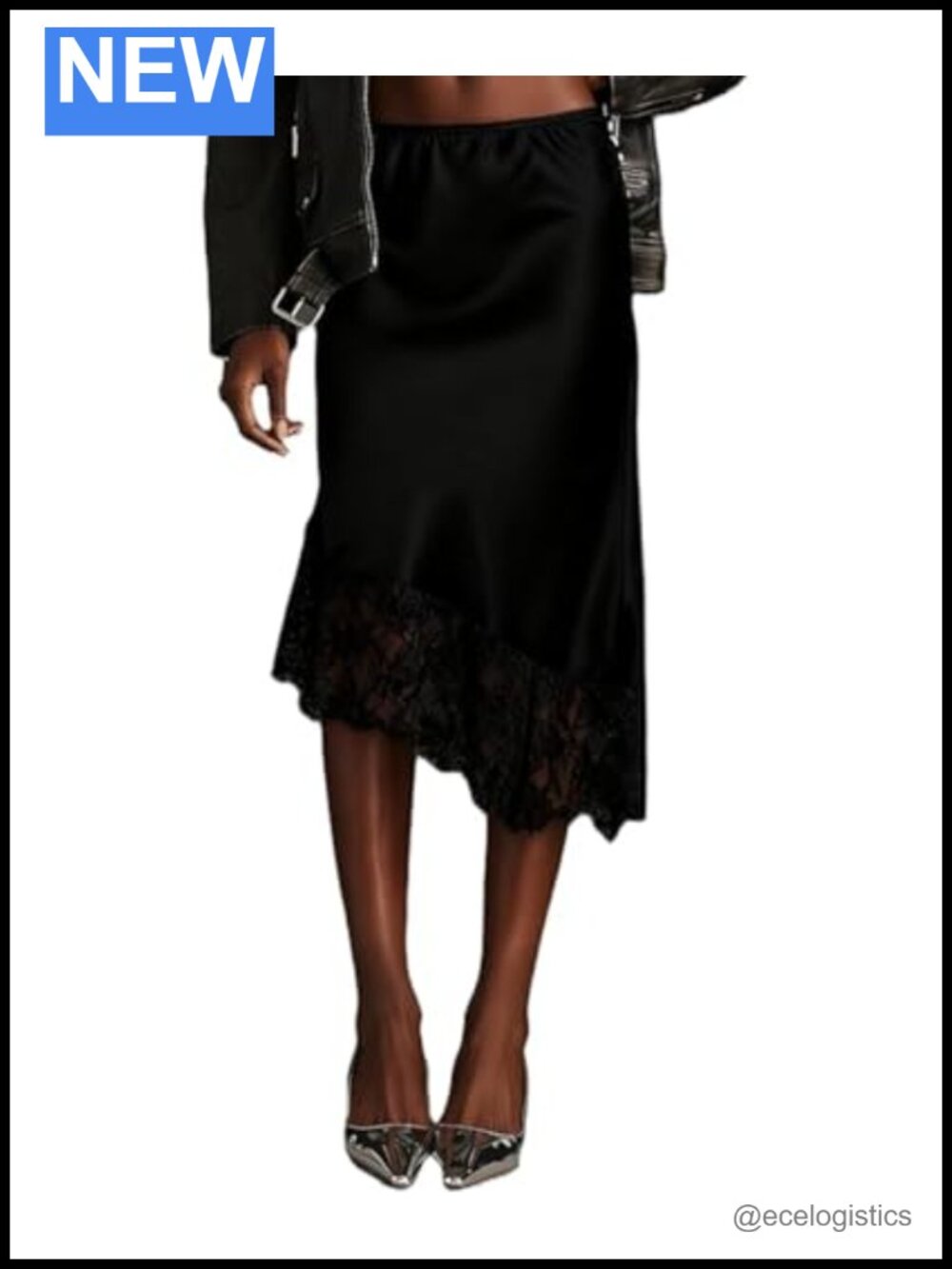 Satin Asymmetrical Midi Slip Skirt with Lace Trim High Waist